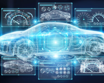 Modern digital smart car interface isolated opn blue background 3D rendering